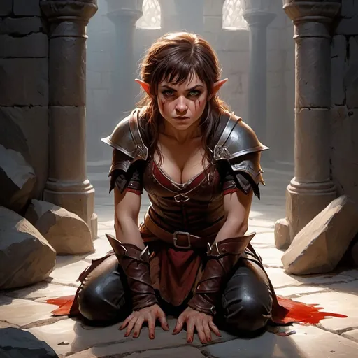 Prompt: a halfling woman dressed in leather kneels on a rough stone floor, she is bruised, and bloody, HER HANDS ARE TIED IN FRONT OF HER, she looks up pleadingly, a muscular half-elf looms behind her.