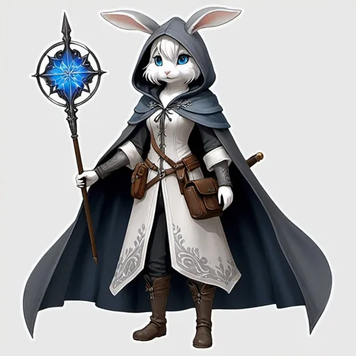 Prompt: Mist is a slender and graceful rabbitfolk with shimmering silver fur and piercing blue eyes.
   - Clothing and Gear: She wears a hooded cloak of dark grey, allowing her to blend into the shadows. Mist carries a small notebook for jotting down observations and a set of maps detailing the layout of the manor. Her gear also includes a set of throwing darts for self-defense.
