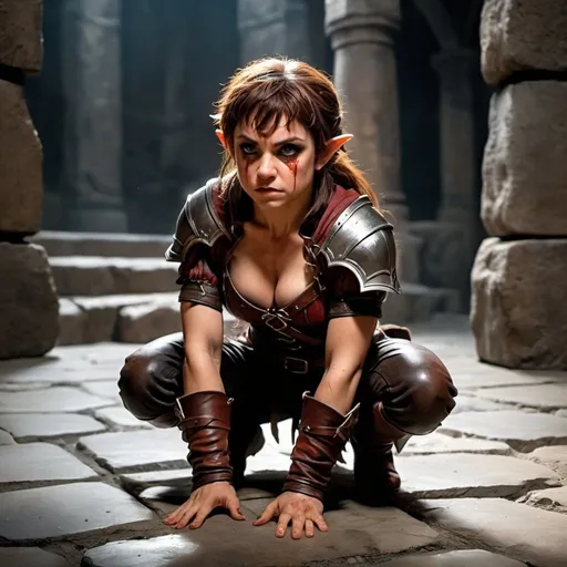 Prompt: a halfling woman dressed in leather kneels on a rough stone floor, she is bruised, and bloody, HER HANDS ARE TIED, she looks up pleadingly, a muscular half-elf looms behind her.