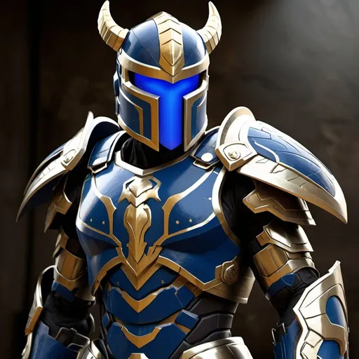 Prompt: Spartan-II Mjolnir armor, dragon theme, sleek and angular, mostly blue and white, gold accents, glowing lights like on Mjolnir armor, heavy on the Halo influence, no horns, more white than gold, Mjolnir style helm with silver faceplate.