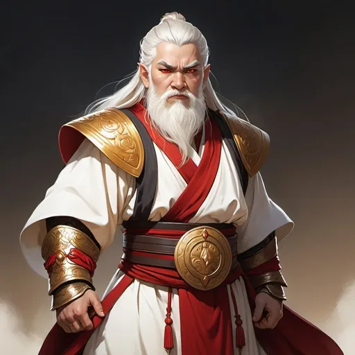 Prompt: Full body image, an androgynous dwarf clad in serene robes of a martial design, the androgynous dwarf has golden eyes and sharp fangs, white hair streaked with red, androgynous, teeth showing, eyes glowing golden