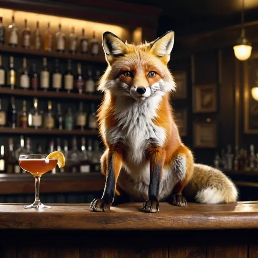 Prompt: 4k, A fox sitting on a barstool in front of a bar at a sophisticated bar. There is an old fashioned on the bar.