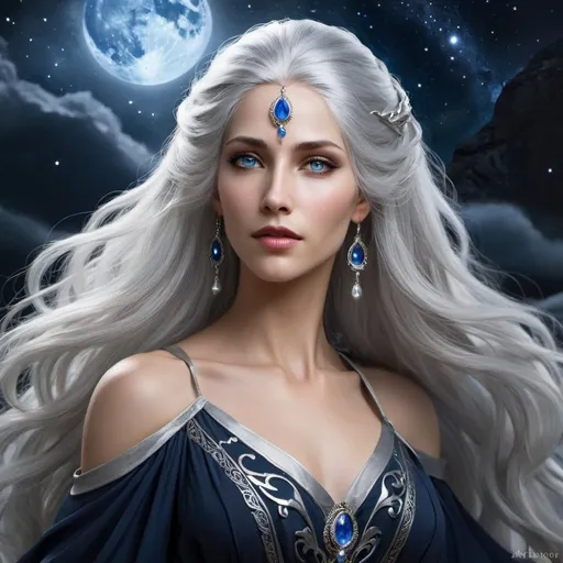 Prompt: Lady Selindra Wolfsong, a vision of grace and elegance. Her beauty is ethereal, with long silver hair that cascades down her back like a waterfall of moonlight. Her eyes, the color of the midnight sky, hold a warmth and kindness that complements her husband's stern demeanor.