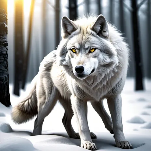 Prompt: The spirit of this sword resembles a female wolf with silver-grey fur and yellow eyes. Moonbite is calm and calculating, with a demeanor as cold as the winter's frost. It speaks with a chilling and reserved voice, offering strategic counsel and encouraging patience and precision in battle