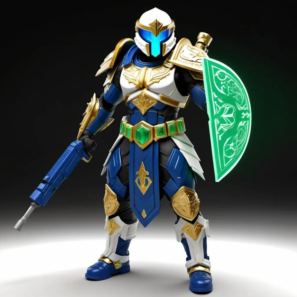 Prompt: Spartan-IV Mjolnir armor, gen 3 Mjolnir, heavy dragon theme, sleek and angular, White, blue and gold accents, glowing lights, green lights, magic runes, glowing runes, heavy on the Halo influence, no horns, Mjolnir style helm, holding a rifle, MA5C rifle