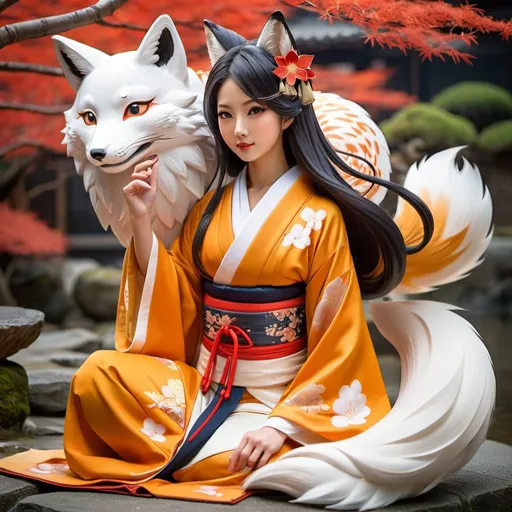 Prompt: An alluring and attractive female Japanese kitsune, full body image, curvy, traditional clothing, wild, scholar,  fantasy