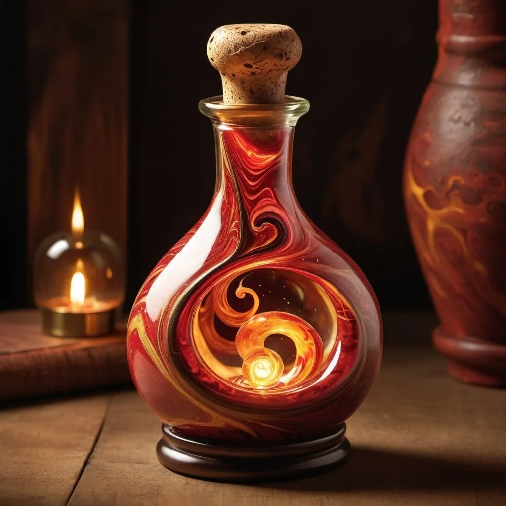 Prompt: a potion bottle, rustic design, corked, marbled red and gold light, swirling contents, glowing contents, warm glow, interior glow, evocative of fire.