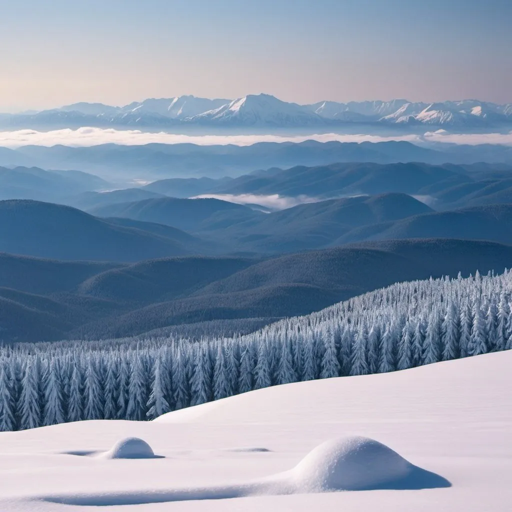 Prompt: A snow covered plain in the foreground, a dense forest in the middle distance, mountains in the background