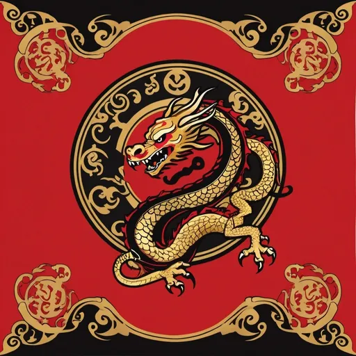 Prompt: A pirate flag for a fantasy setting featuring a stylized Asian dragon in addition to pirate motifs. Red, gold, and black.