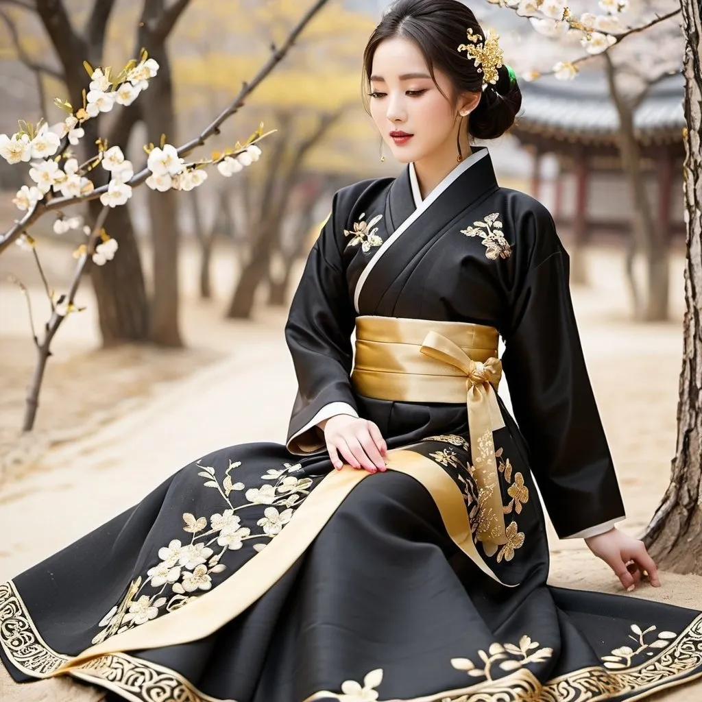 Prompt: An elegant black and gold hanbok embroidered with gold plum blossoms, gisaeng, very elegant, curvy 