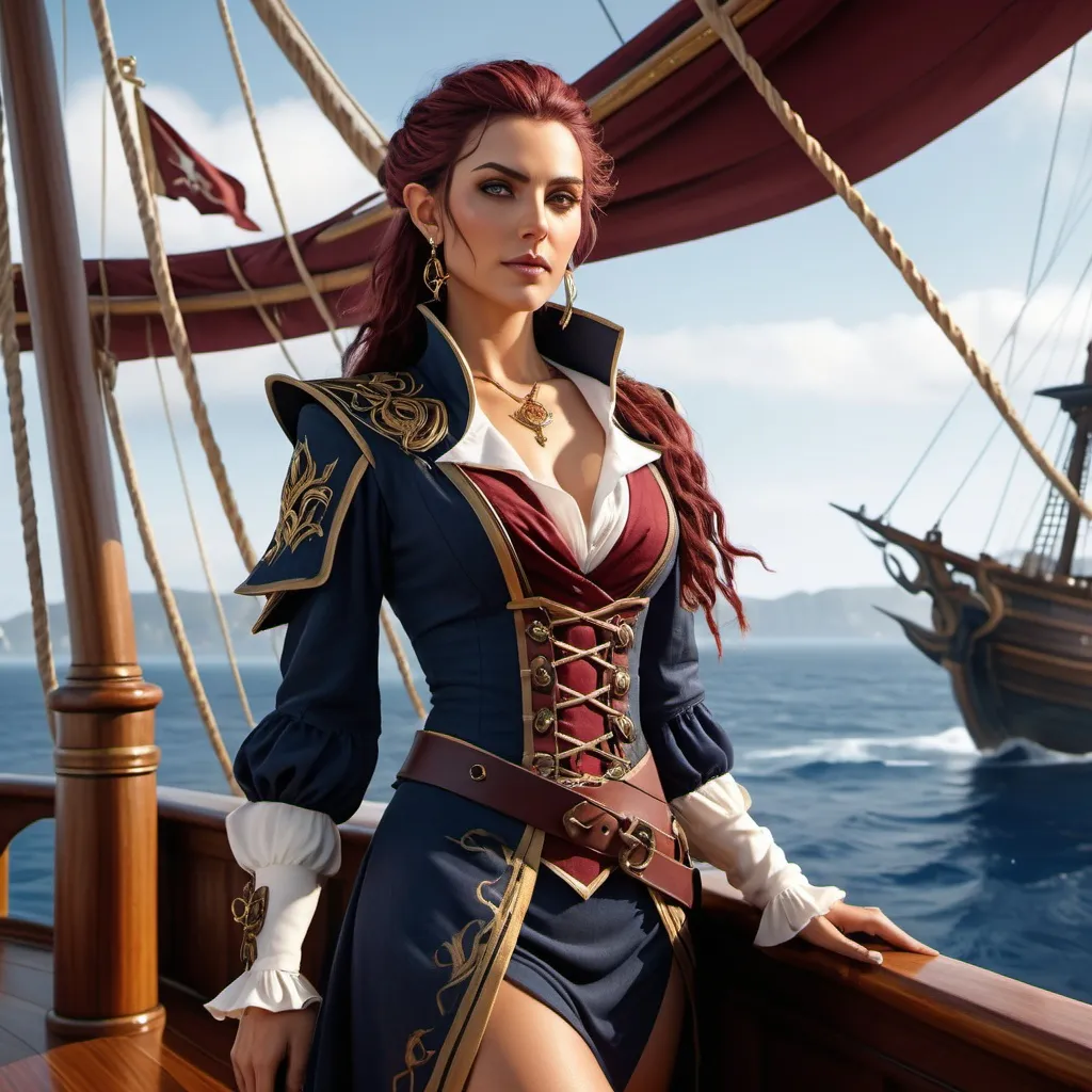 Prompt: 4k, full body, A stunning and dangerous high elf female pirate leader stands confidently on the deck of her ship, exuding both elegance and menace. She has sharp, captivating features with piercing eyes that hint at her cunning nature. She wears an elegant yet practical dress, a blend of deep navy and rich burgundy, adorned with gold accents, designed for both style and combat. A finely crafted sword hangs at her side, ready for use. Perched on her shoulder is a small, violet pseudodragon, its eyes glowing with intelligence. The background shows a stormy sea under a twilight sky, reflecting her wild and unpredictable nature.