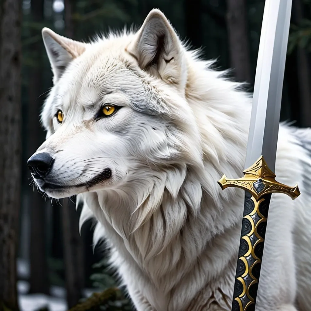 Prompt: The spirit of this sword resembles a female wolf with silver-grey fur and yellow eyes. Moonbite is calm and calculating, with a demeanor as cold as the winter's frost. It speaks with a chilling and reserved voice, offering strategic counsel and encouraging patience and precision in battle