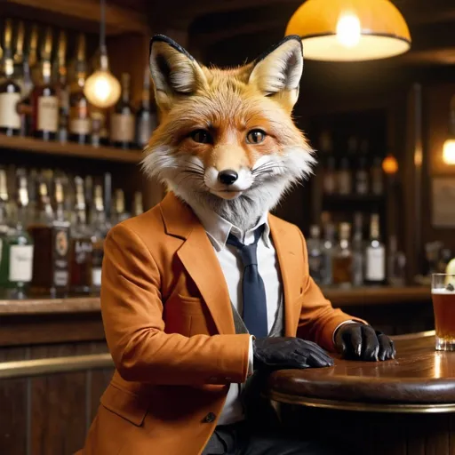 Prompt: 4k, A fox sitting on a barstool in front of a bar at a sophisticated bar. There is an old fashioned on the bar.