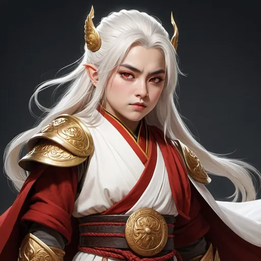 Prompt: Full body image, an androgynous dwarf clad in serene robes of a martial design, the androgynous dwarf has golden eyes and sharp fangs, white hair streaked with red, androgynous