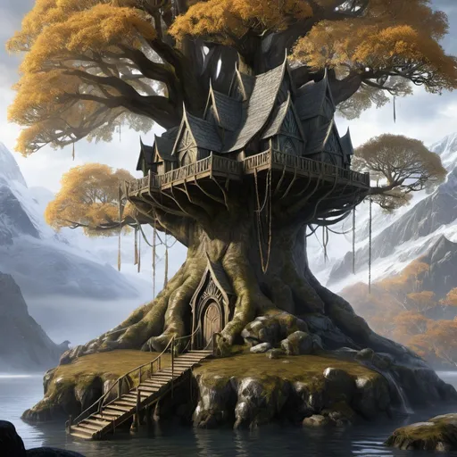 Prompt: A galadhrim outpost high in a mallorn tree at the edge of Lothlorien, early winter