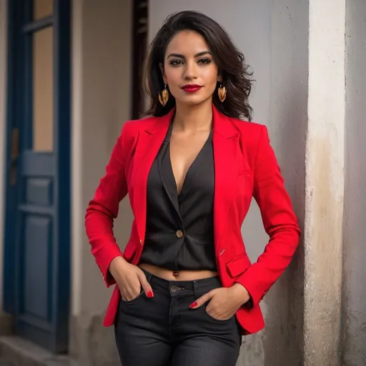 Prompt: Full body image, an attractive and confident Cuban woman in her mid-twenties, smirk, cocky and brash, lithe, trendy blazer, trendy red blouse, black slim fit jeans. Somewhat arrogant. smoky makeup.