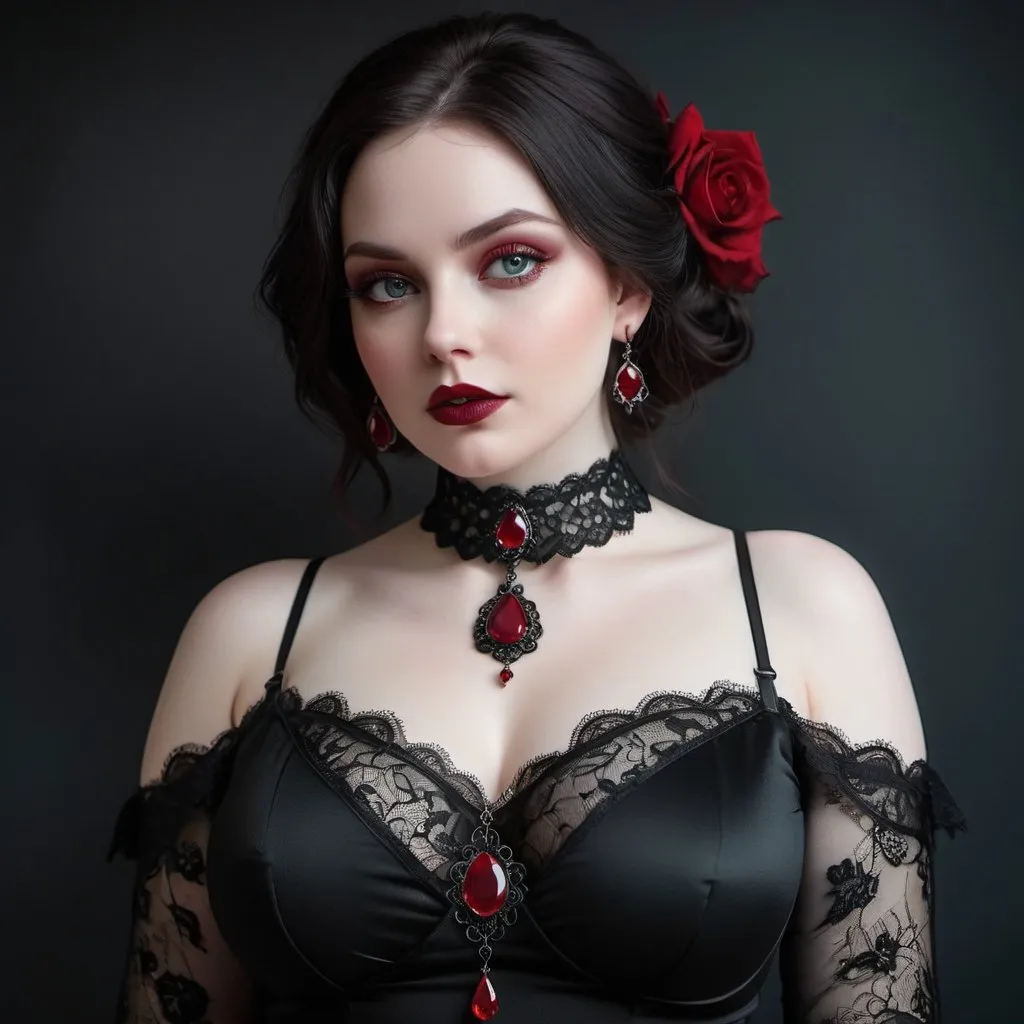 Prompt: A full body image of a beautiful and alluring female darkling, curvy, pale skin, black lace choker adorned with a single blood-red ruby, full body, very curvy, mature, smoldering eyes, red eyes