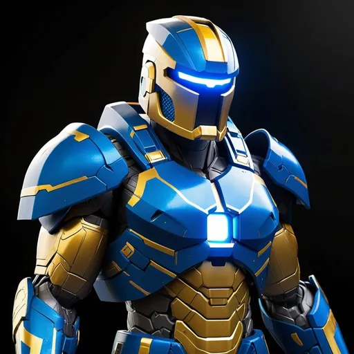 Prompt: Spartan-II Mjolnir armor, dragon theme, sleek and angular, mostly blue, white and gold accents, glowing green lights like on Mjolnir armor, heavy on the Halo influence, no horns, Mjolnir style helm with silver faceplate.