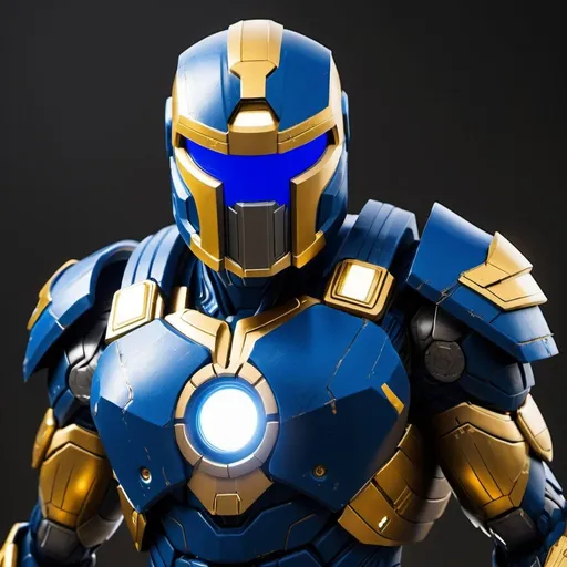 Prompt: Spartan-II Mjolnir armor, dragon theme, sleek and angular, mostly blue, white and gold accents, glowing lights like on Mjolnir armor, heavy on the Halo influence, no horns, Mjolnir style helm with silver faceplate.