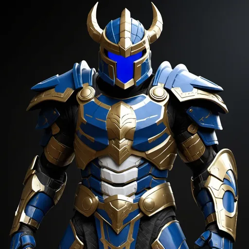 Prompt: Spartan-II Mjolnir armor, dragon theme, sleek and angular, mostly blue and white, gold accents, glowing lights like on Mjolnir armor, heavy on the Halo influence, no horns