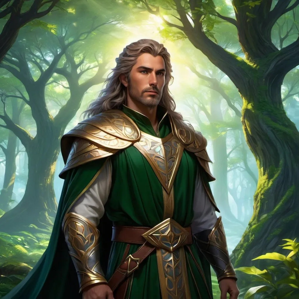 Prompt: "Generate a stunning digital artwork portraying Lord Aelar, the formidable ruler of Irontree in the Feywild. Imagine him standing amidst the ancient trees of the enchanted forest, his regal cloak billowing in the breeze. Capture the intensity of his gaze as he surveys his domain with a mix of authority and wisdom. Incorporate elements of magic and nature to reflect his affinity for both, with shimmering runes and ethereal light weaving through the scene. Let the artwork evoke the grandeur and mystique of the Feywild, while highlighting Aelar's strength, leadership, and connection to the wilds."