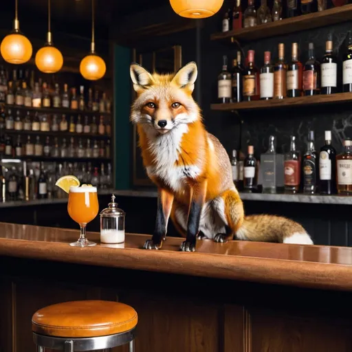 Prompt: A fox sitting on a barstool in front of a bar at a sophisticated bar. There is an cocktail on the bar.