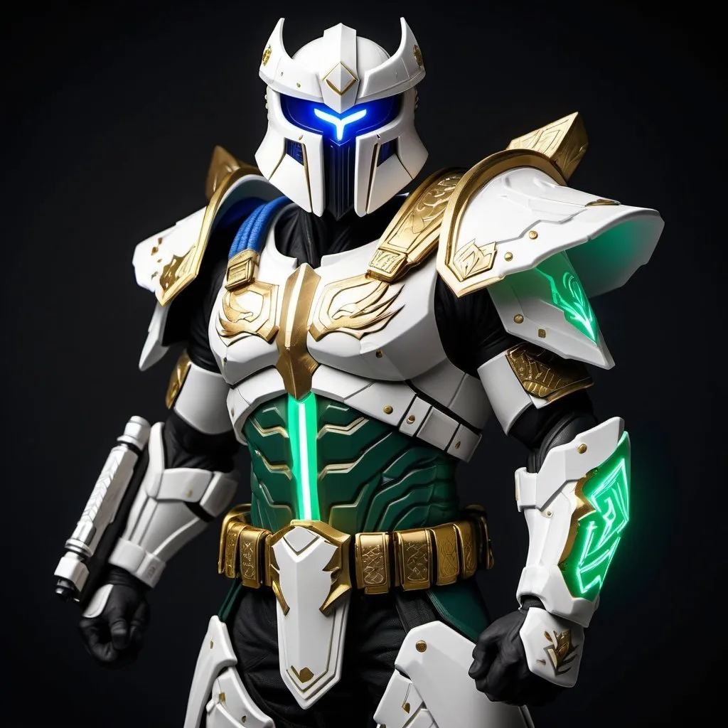 Prompt: Spartan-IV Mjolnir armor, gen 3 Mjolnir, heavy dragon theme, sleek and angular, White, blue and gold accents, glowing lights, green lights, magic runes, glowing runes, heavy on the Halo influence, no horns, Mjolnir style helm, holding a rifle