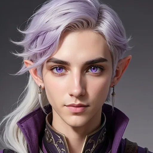 Prompt: dnd character portrait, androgynous half-elf, bard, lavender eyes, silver and lavender hair, sharp androgynous features