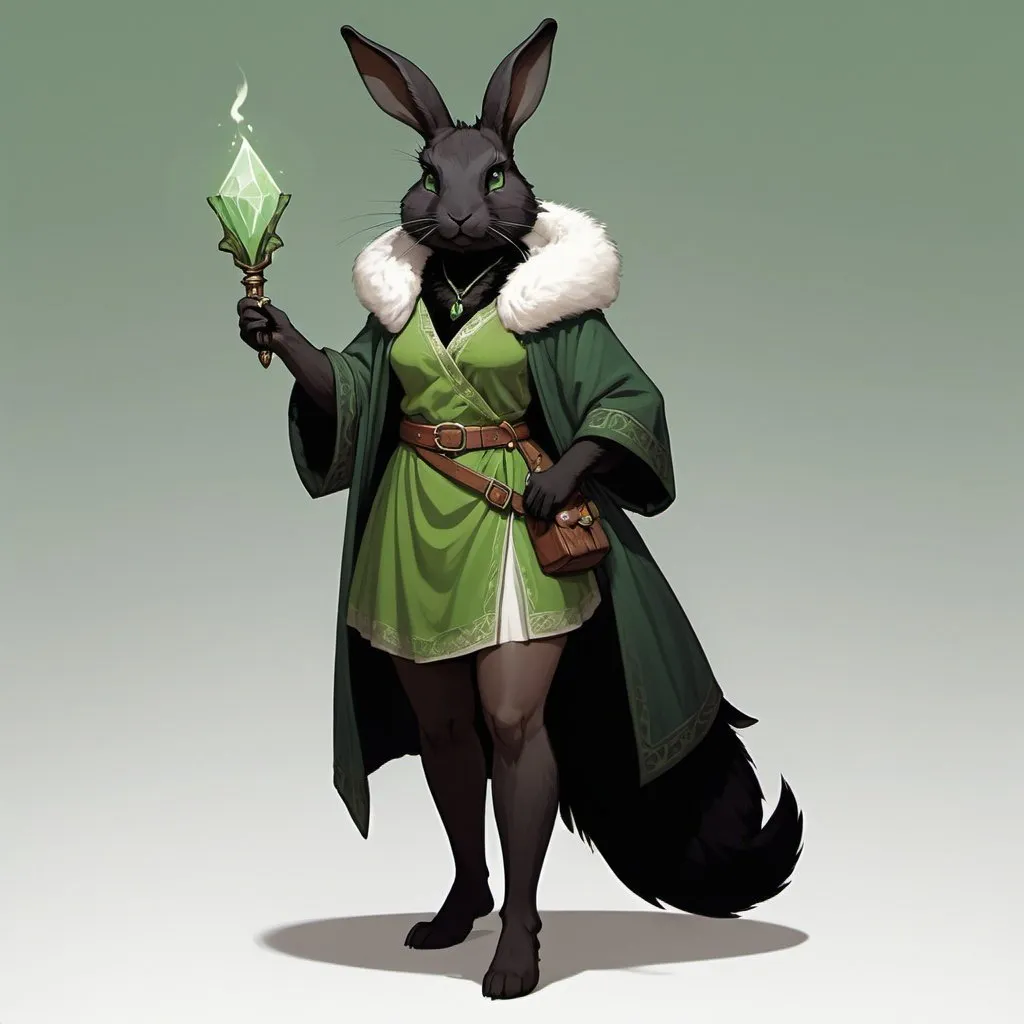 Prompt: A full body image of a female rabbitfolk, lean, sleek black fur, sharp eyes, low cut green dress over a white tunic, short skirt, D&D 5e haregon