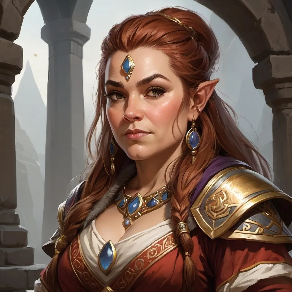 Prompt: A dwarf female, middle-aged, priestess of Moradin, proudly, haughty, cruel