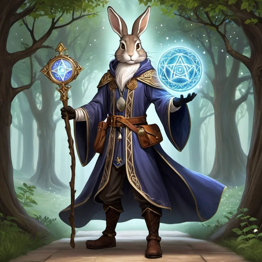 Prompt:  Alder Moonwhisper - Mage and Illusionist: Aldric is a powerful sorcerer with a talent for manipulating arcane energies. He specializes in illusions and enchantments, using his magic to deceive and distract the guards, create diversions, and neutralize magical wards protecting the relic. His expertise in magical arts proves invaluable in overcoming the mystical defenses of the lord's manor.
  - Physical Appearance: Alder is a wiry hare with a silvery-grey coat and a mysterious aura about him.
   - Clothing and Gear: He wears flowing robes adorned with arcane symbols and carries a satchel containing spell components and magical scrolls. Alder's gear also includes a wand carved from enchanted wood, which he uses to channel his spells.