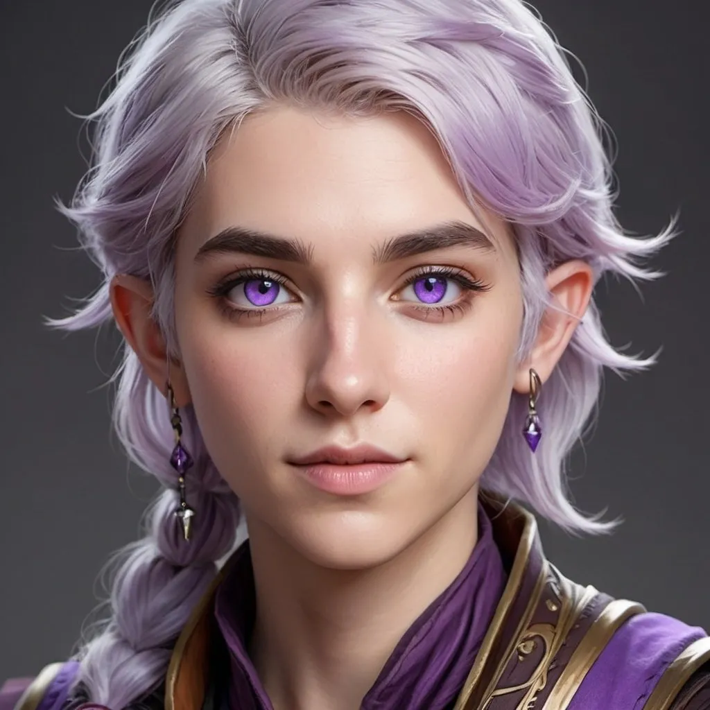 Prompt: dnd character portrait, androgynous half-elf, bard, lavender eyes, silver and lavender hair