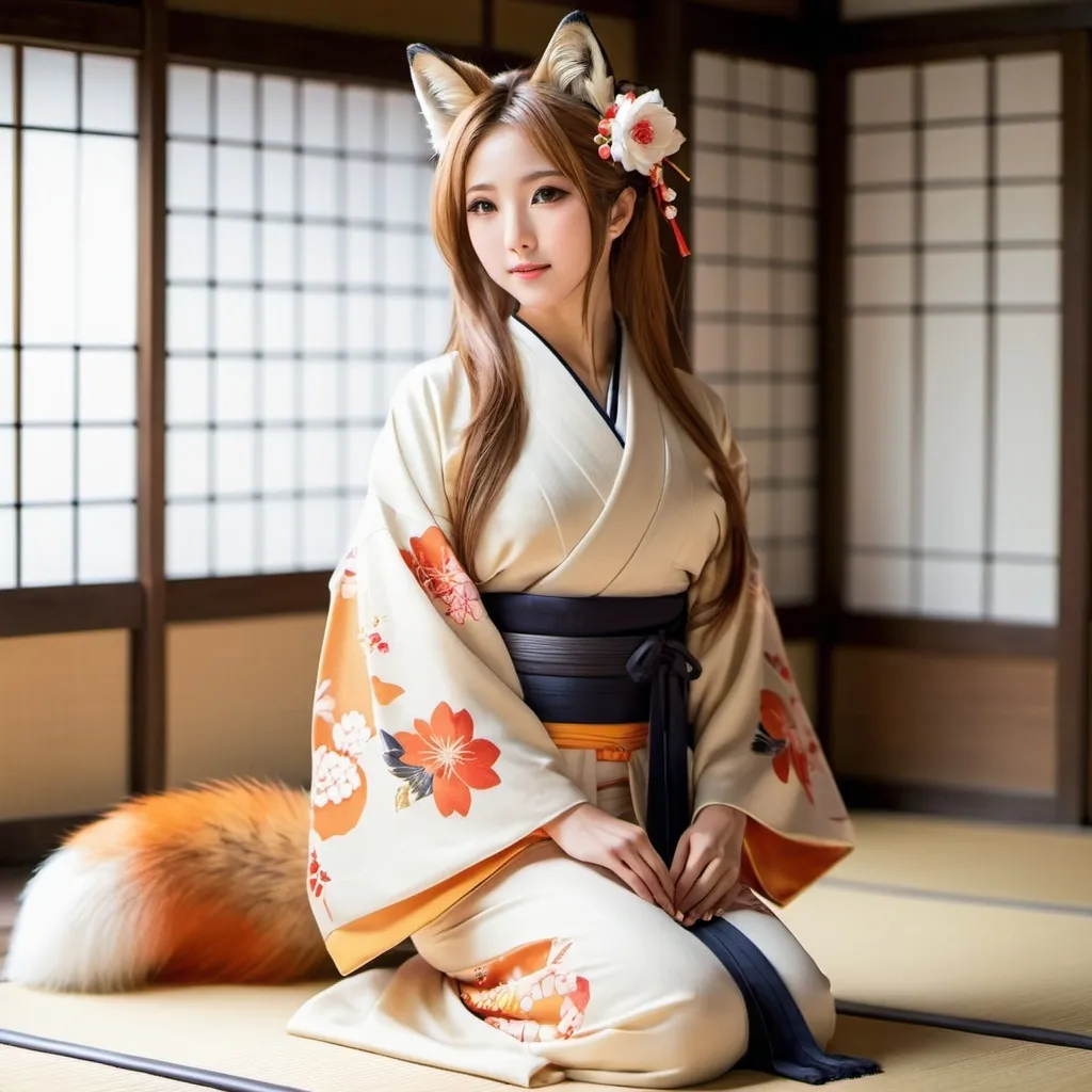 Prompt: Full body, female fox, beautiful, alluring, Japanese clothes