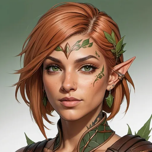 Prompt: dnd character portrait, wood elf female, fighter, dark green eyes, light tan skin, face/neck tattoo, creeping thorny vines tattoo, copper-colored hair, hair in a spiky bob, undercut on right side of head.