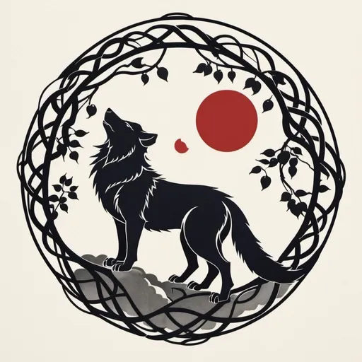 Prompt: Japanese-style house crest, a wolf, a crescent moon, encircled by three entwined vines.