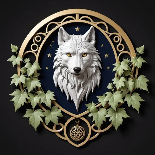 Prompt: European-style house crest, a wolf, a crescent moon, encircled by three entwined vines.