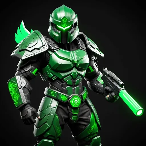 Prompt: Spartan-IV Mjolnir armor, gen 3 Mjolnir, heavy dragon theme, sleek and angular, armor lights, glowing lights, green lights, magic runes, glowing runes, heavy on the Halo influence, no horns, Mjolnir style helm, holding a rifle, MA5C rifle