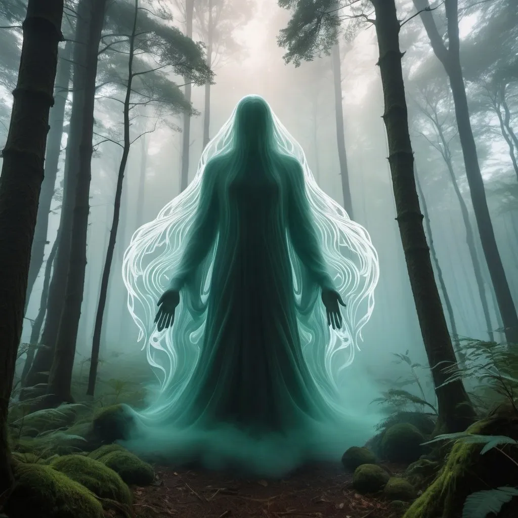 Prompt: The hazy outline of a spirit made from undulating mist set in a dense forest, fantasy