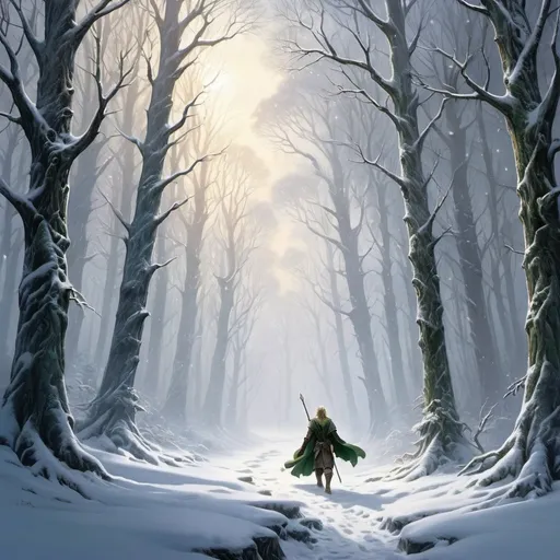 Prompt: The cover of a novel, The plain of Rohan meeting the edge of the forest of Lothlorien on Parth Celebrant, deep winter, heavy snow drifts, blizzard