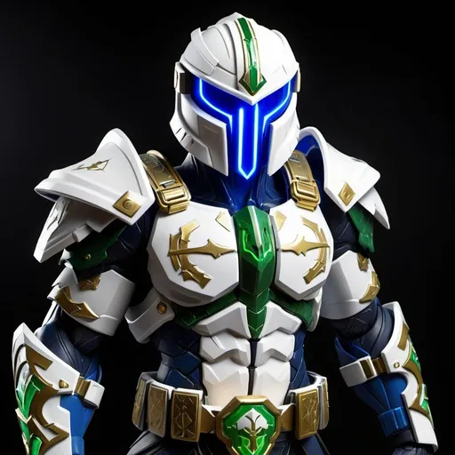 Prompt: Spartan-IV Mjolnir armor, gen 3 Mjolnir, heavy dragon theme, sleek and angular, White, blue and gold accents, glowing lights, green lights, magic runes, glowing runes, heavy on the Halo influence, no horns, Mjolnir style helm, holding a rifle