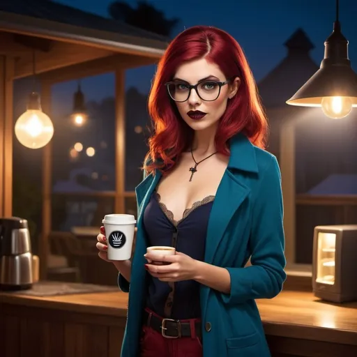 Prompt: a hipster lady vampire getting dressed for a nightly prowl, very hipster, from Australia, likes coffee, loves the tv show Bluey down to earth, girl next door, very Australian