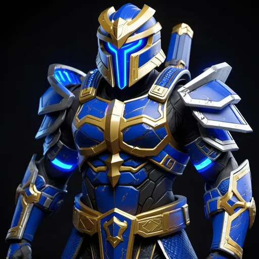 Prompt: Spartan-II Mjolnir armor, gen 3 Mjolnir, heavy dragon theme, sleek and angular, mostly blue, white and gold accents, glowing lights, green lights, heavy on the Halo influence, no horns, Mjolnir style helm with silver faceplate., Halo style