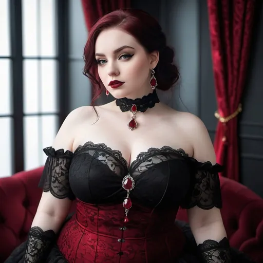 Prompt: A full body image of a beautiful and alluring female darkling, curvy, pale skin, black lace choker adorned with a single blood-red ruby, full body, very curvy