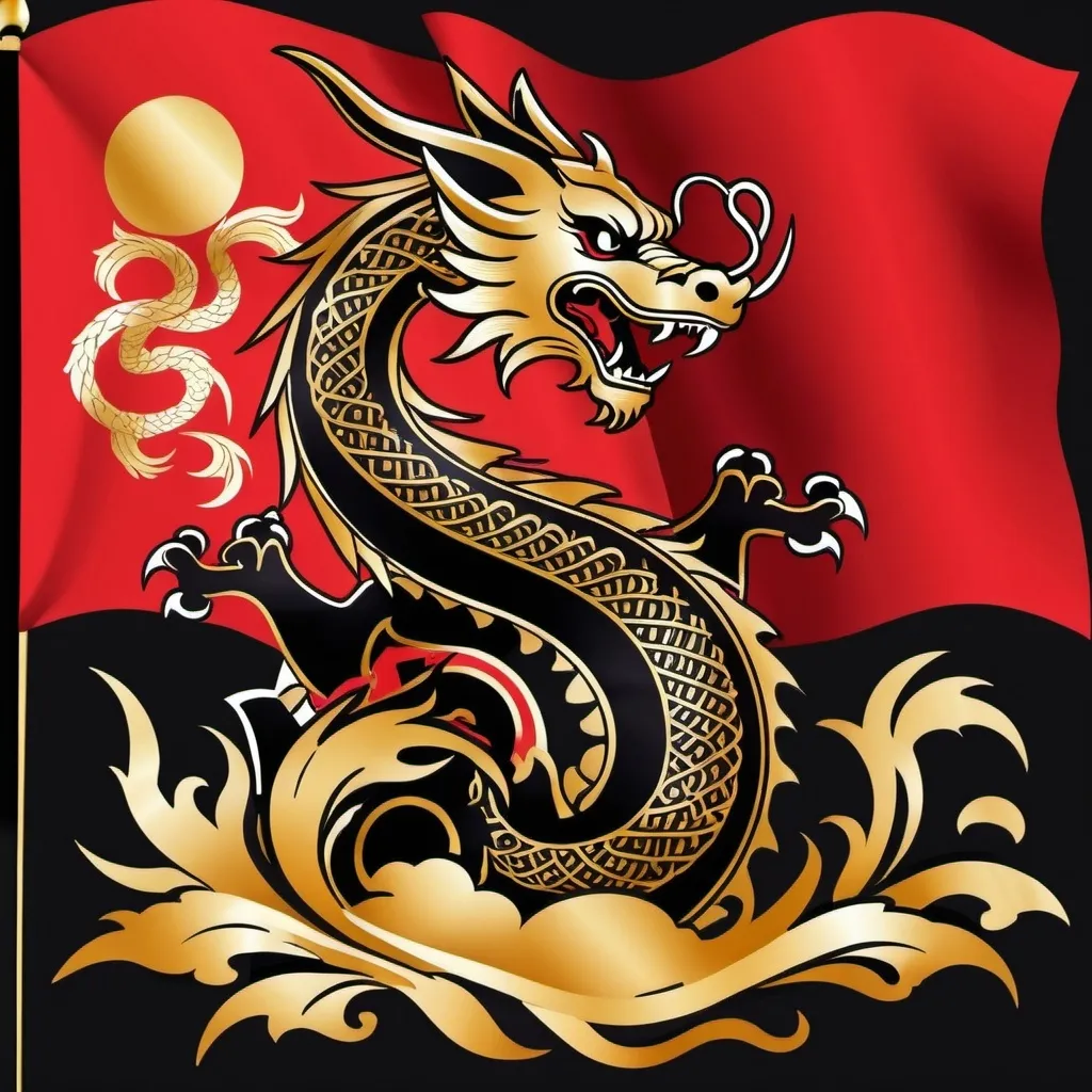 Prompt: A pirate flag for a fantasy setting featuring a stylized Asian dragon in addition to pirate motifs. Red, gold, and black.