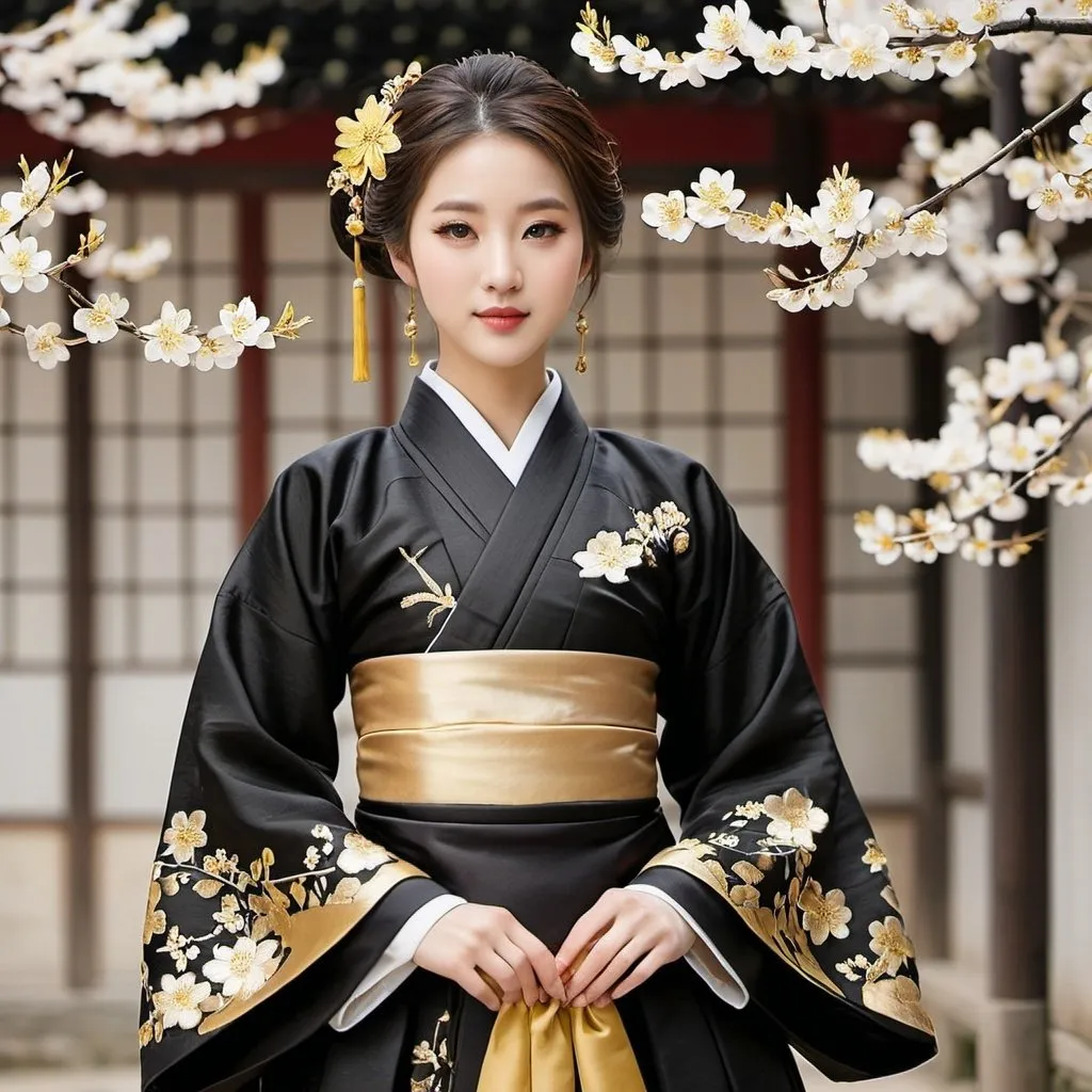 Prompt: An elegant black and gold hanbok embroidered with gold plum blossoms, gisaeng 