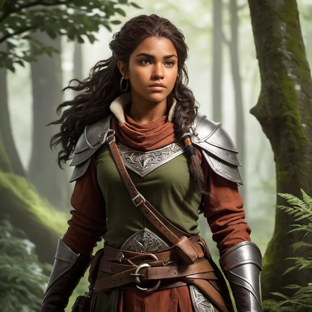 Prompt: The youngest daughter of Aelar Wolfsblood, the Lord of Wolves, is named “Du’arthra Wolftide." Du’arthra is known for her adventurous spirit and fierce independence. She often roams the forests surrounding Irontree, exploring the untamed wilderness of the Feywild and honing her skills as a ranger and tracker. Despite her free-spirited nature, Du’arthra remains fiercely loyal to her family and the city of Irontree, ready to defend it against any threat that may arise. Full body, curvy, medium skintone. Tomboy