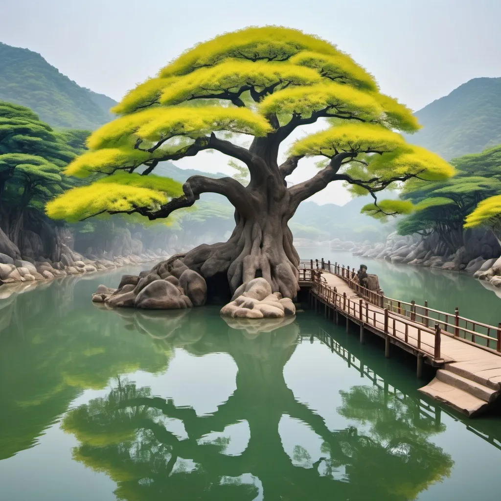 Prompt: a large hotspring pond, island in the middle of the pond, huge ancient flowering tree growing on the island, rope bridges to island, Korean style, flowering tree, huge tree.