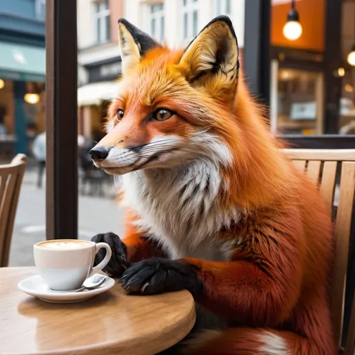 Prompt: A fox enjoying a coffee at café.