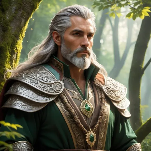 Prompt: "Craft a commanding digital portrait of Lord Aelar, ruler of the Feywild city of Irontree, highlighting his middle-aged presence, distinguished silver hair and beard, medium skin tone, and rugged, fierce handsomeness. Envision him standing amidst the ancient trees of the enchanted forest, his imposing figure exuding an aura of strength and authority. Render his features with a rugged yet chiseled appearance, his jawline defined and his gaze intense, reflecting a potent blend of rugged charm and fierce determination. Picture him clad in regal attire that accentuates his muscular physique, his cloak billowing around him as he commands the attention of all who behold him. Highlight the silver streaks in his hair and beard, symbols of his experience and maturity, gleaming in the dappled light of the Feywild. Surround him with elements of nature and magic, such as swirling patterns of enchanted energy or the soft glow of luminescent fungi, that accentuate his connection to the mystical forces of the forest. Let the artwork capture the essence of Lord Aelar's middle-aged majesty and rugged handsomeness, embodying his strength, wisdom, and enduring legacy within the enchanted landscape of the Feywild."