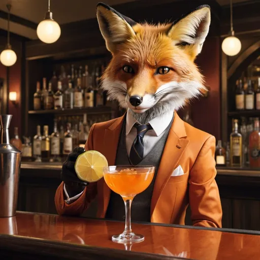 Prompt: A fox enjoying a cocktail at a sophisticated bar.